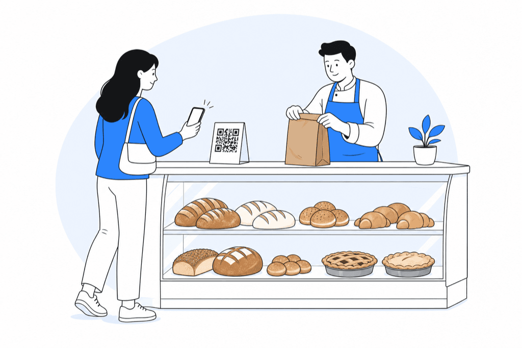 Customer scanning a QR code stand on a bakery cabinet while the baker packs a paper bag