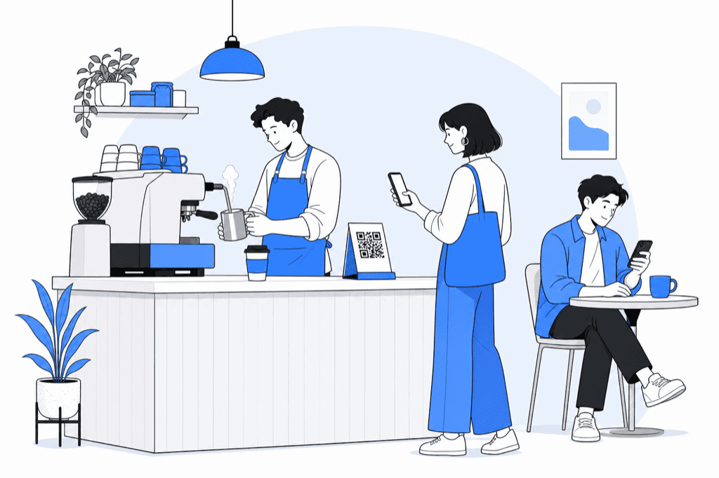 Customer scanning a QR code stand at a cafe counter while the barista steams milk