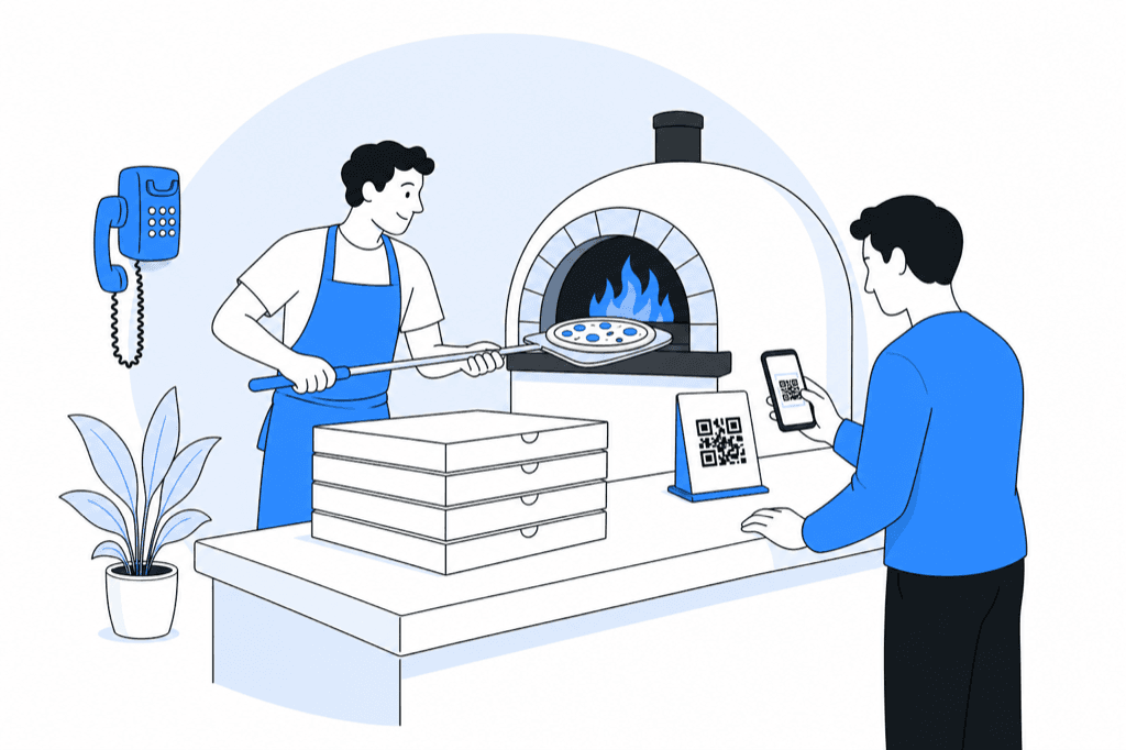 Customer scanning a QR code stand at a pizza shop counter while the pizzaiolo works the oven