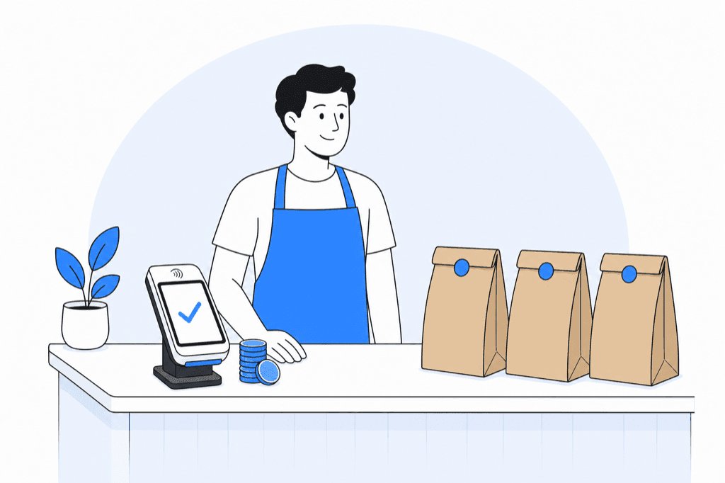 Shop owner at the counter with a card terminal and a row of takeaway bags ready to go