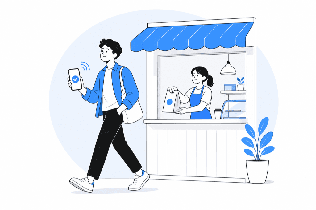 Customer walking away from the takeaway counter after paying on their phone