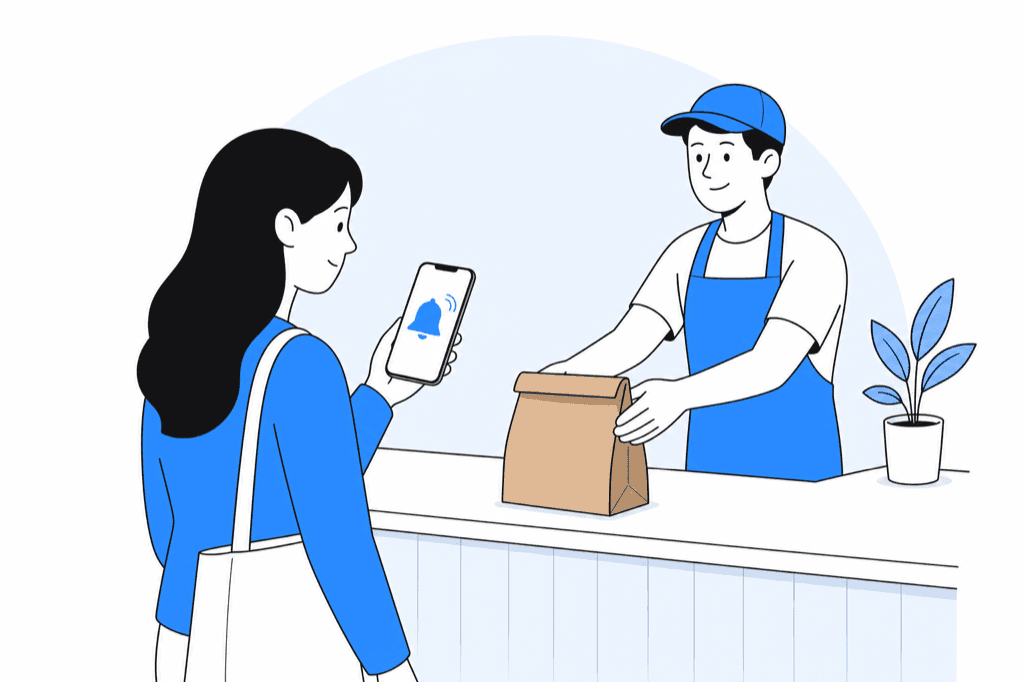 Customer getting a ready notification while the shopkeeper puts a takeaway bag on the counter